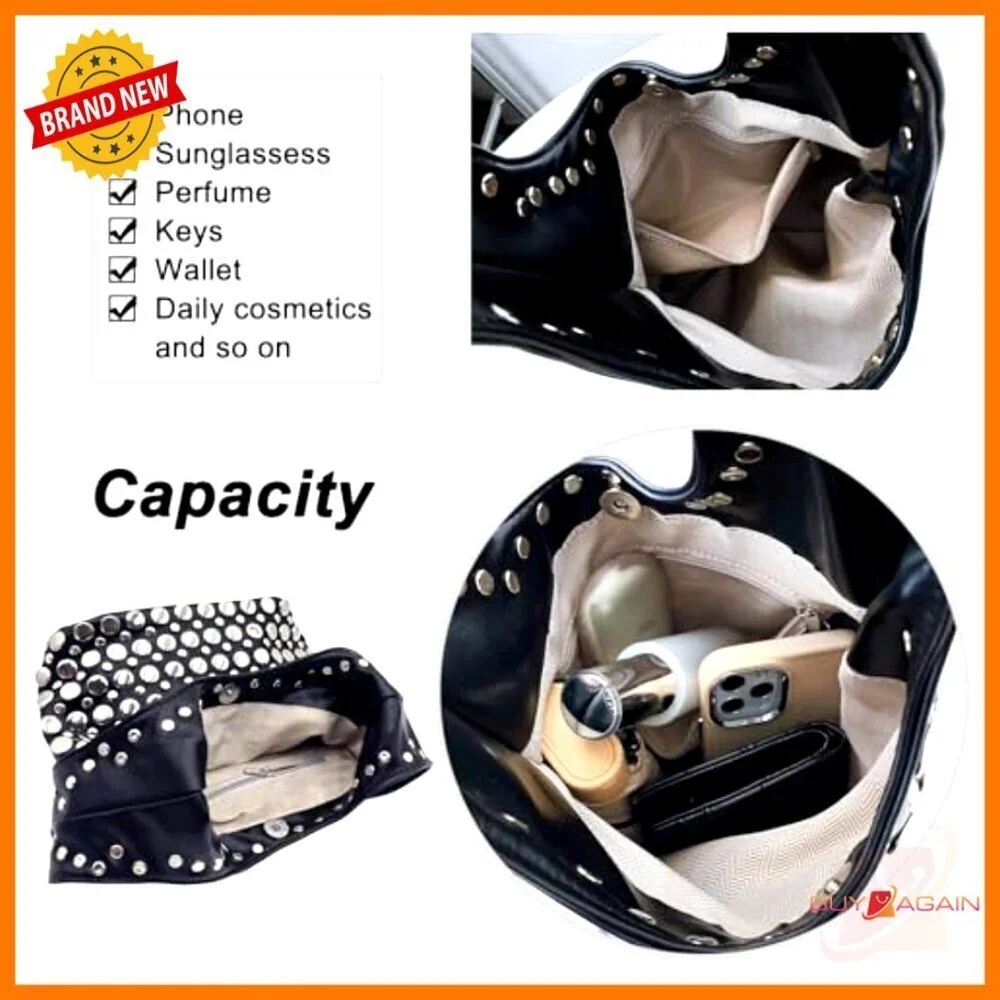 Y2K Punk Studded Hobo Shoulder Bag Vegan Leather Tote Purse